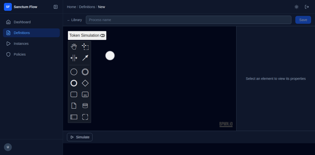 Sanctum Flow BPMN visual editor showing bpmn-js canvas with palette, properties panel, and dark theme interface