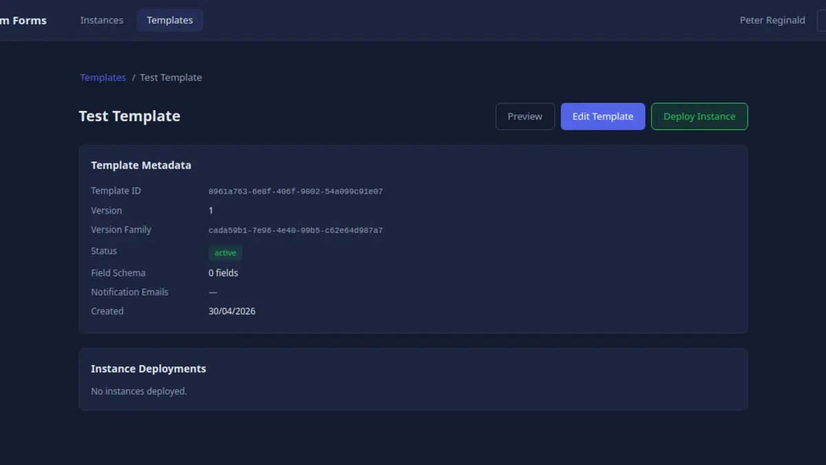 Sanctum Forms template detail view with metadata and version tracking